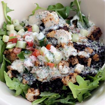 CAVA - arugula, lentils, plain hummus, grilled chicken & grilled meatballs, tomato & cucumber, lemon herb tahini - Mediterranean Near Me - La Jolla, California