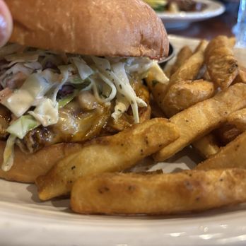 Elm City Brewing Company - Peach BBQ pulled chicken sandwich with fries - American Near Me - Keene, New Hampshire Elm City Brewing Company - Peach BBQ pulled chicken sandwich with fries - American Near Me - Keene, New Hampshire