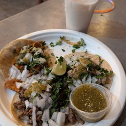 3 tacos plate (chicken, pastor & asada) with horchata pictured