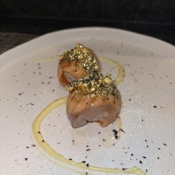 One Bite Omakase - Salmon with gold flakes - Sushi Bars Near Me - New York, New York One Bite Omakase - Salmon with gold flakes - Sushi Bars Near Me - New York, New York