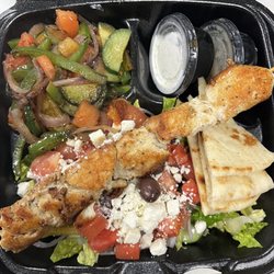 Souvlaki Time - Chicken Souvlaki Platter w/ Grilled veggies and small Greek salad