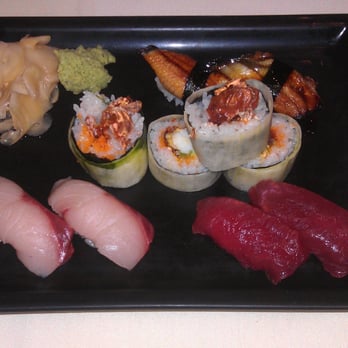 Nishino - Maguro, hamaci, and unagi sushi with a soft shell crab roll (avocado, nori, tobico, cucumber) fresh wasabi and ginger - Sushi Bars Near Me - Seattle, Washington