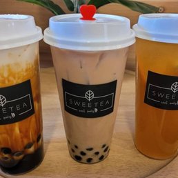 Brown Sugar Latte, Black Milk Tea & Super Fruit Tea.