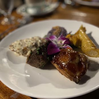 Old Lahaina Luau - mahi mahi, steak, and bbq chicken with pumpkin(?) and steamed carrot - Performing Arts Near Me - Lahaina, Hawaii