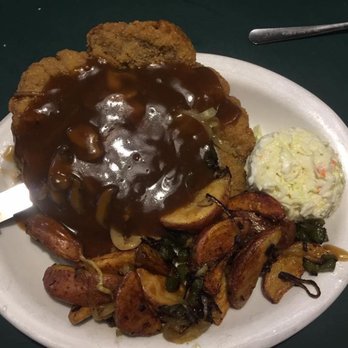 Coach's Pub & Eatery - Country Fried Steak topped with Gravy...Redskin Potatoes sautéed with Bell Peppers was extremely tasty - American Near Me - Inverness, Florida Coach's Pub & Eatery - Country Fried Steak topped with Gravy...Redskin Potatoes sautéed with Bell Peppers was extremely tasty - American Near Me - Inverness, Florida