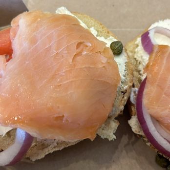 Einstein Bros. Bagels - NOVA LOX, cream cheese, tomato, red onion, and capers on an everything bagel - Bagels Near Me - Oceanside, California