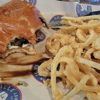 Jon’s Grille - Build your own with cheddar, Serrano aoili, and balsamic onions and o rings - Burgers Near Me - Fort Worth, Texas