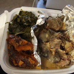 Hilda's Soul Food Kitchen - Ox tails with candied sweet potatoes and greens-yum!