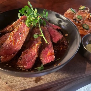 JOEY Lansdowne - I ordered the steak sided seared salmon sushi and yam fries steak - Canadian (New) Near Me - Ottawa, Ontario