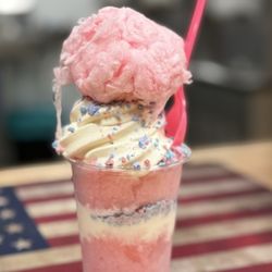 Purdees Tropical Flavored Ice - Cotton Candy Crunch: layered with vanilla soft serve ice cream, Cotton Candy Italian ice,  w/candy crunch, and topped w/cotton candy