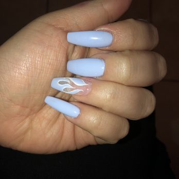 Pearly Nail Spa - Baby blue acrylics with flame design - Nail Salons Near Me - Azusa, California Pearly Nail Spa - Baby blue acrylics with flame design - Nail Salons Near Me - Azusa, California