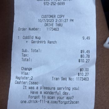Chick-fil-A - ows a receipt for a chicken - Fast Food Near Me - Irving, Texas