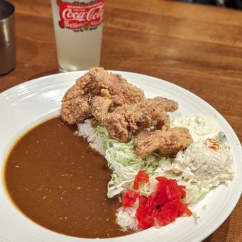 Curry Hyuga - Chicken karaage curry with potato salad, rice, cabbage - Japanese Curry Near Me - Burlingame, California Curry Hyuga - Chicken karaage curry with potato salad, rice, cabbage - Japanese Curry Near Me - Burlingame, California