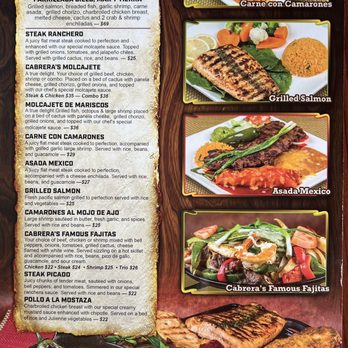 Cabrera's Mexican Cuisine - Menu page 2 with House Specialities - Mexican Near Me - Pasadena, California Cabrera's Mexican Cuisine - Menu page 2 with House Specialities - Mexican Near Me - Pasadena, California