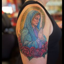 Studio Tattoo - Colorful Virgin Mary done by Anji