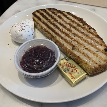 Flour Bakery + Cafe - toast with butter, jam, and poached egg - Coffee & Tea Near Me - Cambridge, Massachusetts