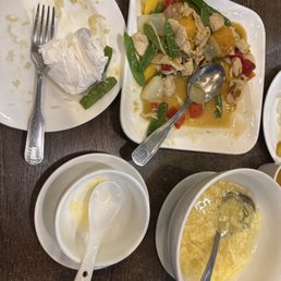 What's left of egg drop soup and mango chicken.