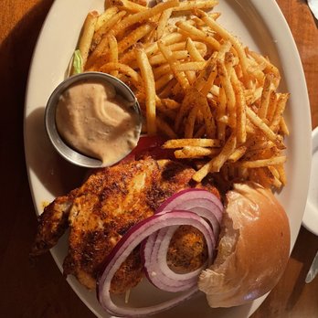 J Mark's Restaurant - Cajun Chicken Sandwich with Cajun French Fries. The mayo was great! - New American Near Me - Pompano Beach, Florida