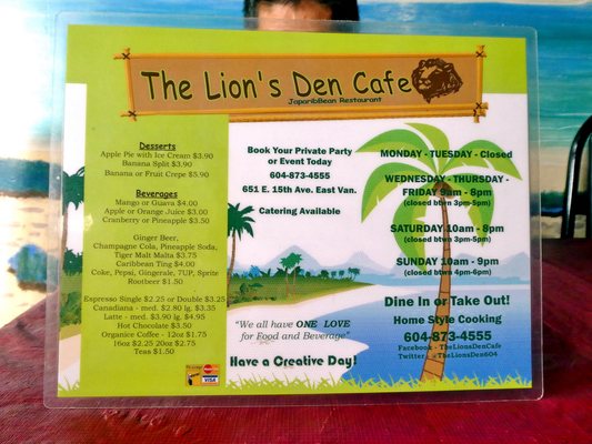 Menu photo 2 The Lion's Den Cafe Vancouver, BC