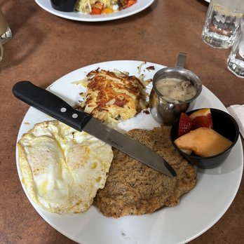Linn's Restaurant - Chicken fried steak with sausage gravy on the side. - American Near Me - Cambria, California Linn's Restaurant - Chicken fried steak with sausage gravy on the side. - American Near Me - Cambria, California