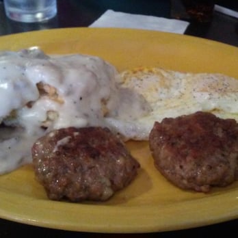 Putah Creek Cafe - The sausage gravy and biscuits with sausage patties and eggs. - Breakfast & Brunch Near Me - Winters, California Putah Creek Cafe - The sausage gravy and biscuits with sausage patties and eggs. - Breakfast & Brunch Near Me - Winters, California