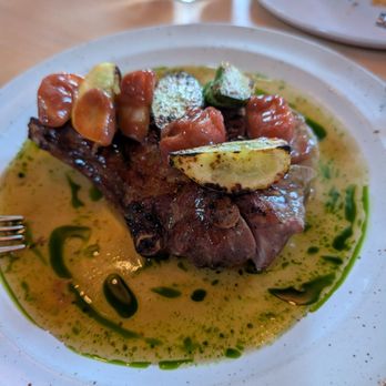 Ethel's Fancy - GRILLED 13 FARMS BERKSHIRE PORK CHOP 45 zapallito squash, donut peach boshi, blue prawn garum - New American Near Me - Palo Alto, California Ethel's Fancy - GRILLED 13 FARMS BERKSHIRE PORK CHOP 45 zapallito squash, donut peach boshi, blue prawn garum - New American Near Me - Palo Alto, California