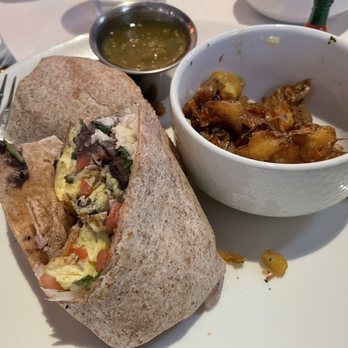 Dragonfly - Super Burrito - fluffy egg, pico de gallo, poblano, refried black beans, tomatillo salsa, panela - New American Near Me - Dallas, Texas