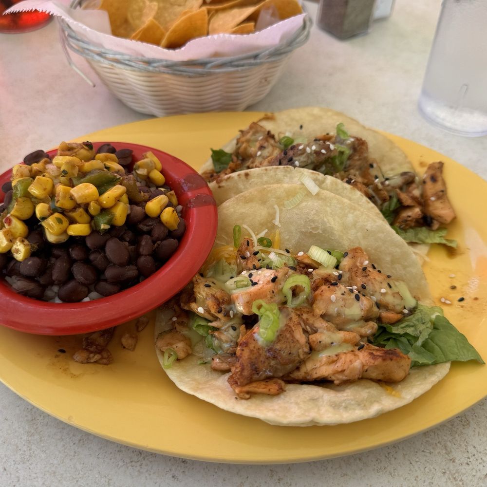 Honey Soy Glazed Salmon Tacos with a side of Black Beans & Rice