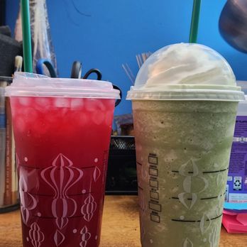 Starbucks - Passion Tea Lemonade + Matcha Green Tea Frappuccino - Coffee & Tea Near Me - Baldwin Park, California Starbucks - Passion Tea Lemonade + Matcha Green Tea Frappuccino - Coffee & Tea Near Me - Baldwin Park, California