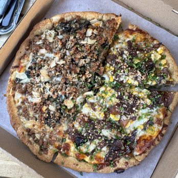 Dove Vivi - Half Sausage and Mustard Greens Pizza (daily special) and Half Corn Pizza - Pizza Near Me - Portland, Oregon Dove Vivi - Half Sausage and Mustard Greens Pizza (daily special) and Half Corn Pizza - Pizza Near Me - Portland, Oregon