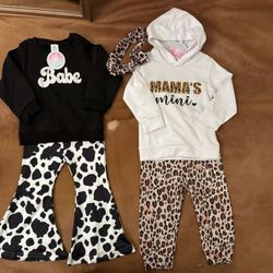 Mud + Honey Family Boutique - Babe/cheetah pant outfit, cow print bell bottoms, mamas mini hoodie