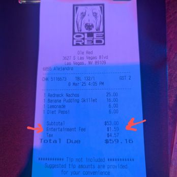 Ole Red - Receipt with "entertainment charge" - Southern Near Me - Las Vegas, Nevada Ole Red - Receipt with "entertainment charge" - Southern Near Me - Las Vegas, Nevada