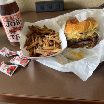Chunk’s Burger - Double Bam Burger and Home Cut Fries with a Joe peach tea - Burgers Near Me - Stafford, Texas