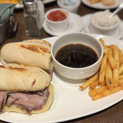 Annie Gunn's - AG French Dip with Aus Jus and Fries; horseradish dip side