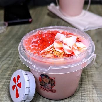 Tycoon Tofu - Strawberry tofu with strawberry popping pearl, coconut bits, coconut flakes, and strawberry syrup drizzled on top - Desserts Near Me - Markham, Ontario Tycoon Tofu - Strawberry tofu with strawberry popping pearl, coconut bits, coconut flakes, and strawberry syrup drizzled on top - Desserts Near Me - Markham, Ontario