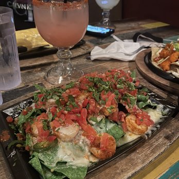 Nacho Daddy - Spicy Shrimp Nacho** with peach margarita - New American Near Me - Las Vegas, Nevada
