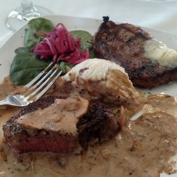CHOP - Half rib eye and half NY strip steak with peppercorn mushroom sauce - Steakhouses Near Me - Sister Bay, Wisconsin