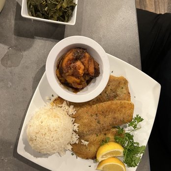 Fish N' Grill - 2 grilled Tilapia, steamed rice, candied yams with collard greens - Seafood Near Me - Fredericksburg, Virginia