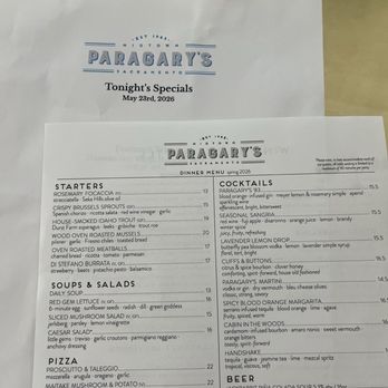 Paragary's - menu - New American Near Me - Sacramento, California