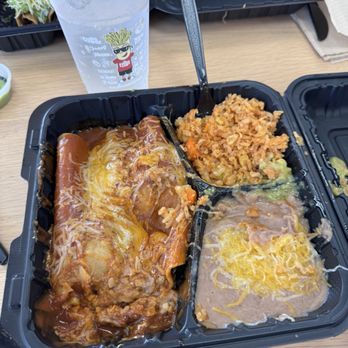 Burros & Fries - Value meal birria enchiladas rice beans & free beverage. - Mexican Near Me - Seal Beach, California Burros & Fries - Value meal birria enchiladas rice beans & free beverage. - Mexican Near Me - Seal Beach, California
