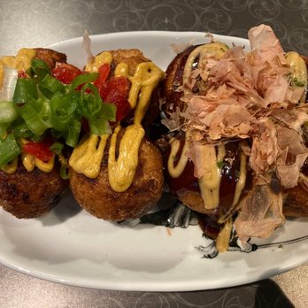 Menya Muso - curry takoyaki (left) & japanese mustard takoyaki (right) - Ramen Near Me - Seattle, Washington