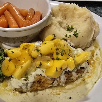 Union River Lobster Pot - Halibut with mango salsa and cilantro cream sauce. - Seafood Near Me - Ellsworth, Maine Union River Lobster Pot - Halibut with mango salsa and cilantro cream sauce. - Seafood Near Me - Ellsworth, Maine