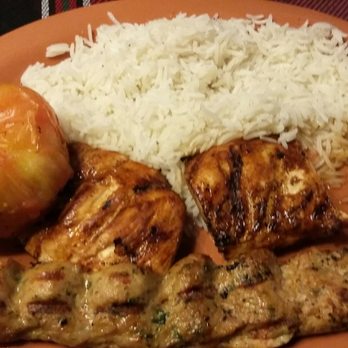Ali Baba Grill - Chicken Barg platter with a whole roasted tomato,  basmati, and a chicken kobideh - Lebanese Near Me - Boulder, Colorado