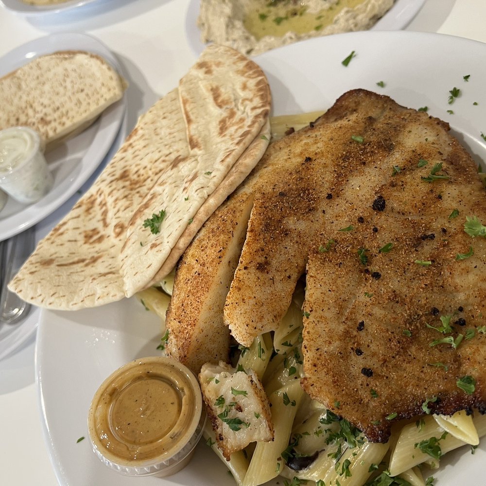 Mystic Grill - Tilapia and pasta plate. - Mediterranean Near Me - San Diego, California Mystic Grill - Tilapia and pasta plate. - Mediterranean Near Me - San Diego, California