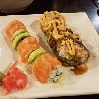 SushiKo - Philadelphia roll on left. Seafood Tempura (Crabmeat, shrimp tempura, avocado, and cream cheese drizzled with spicy mayonnaise) on right - Sushi Bars Near Me - Peoria, Illinois