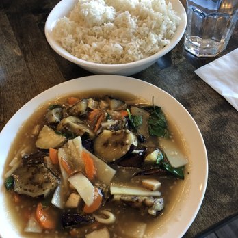 Red Panda Pavilion - Eggplant veggie dish with a large portion of steam rice that was cold. - Asian Fusion Near Me - Mississauga, Ontario