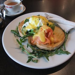 Lake Restaurant Cafe - The Breakfast Stack (salmon avo spinach eggs benedict on rocket) with Earl Grey at The Lake cafe/restaurant in Patterson Lakes.