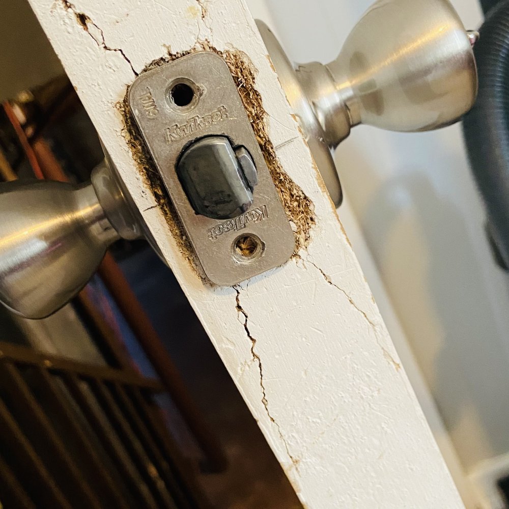 Gkhouses - The door was like this when we moved in, is listed on our move in list of problems. Repair request denied. Likely from a previous break-in. - Property Management Near Me