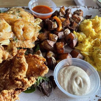 Crab Cab - Fried catfish with scrambled eggs & cheese and fried potatoes - Seafood Near Me - Alexandria, Virginia