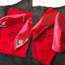Before and after: Christian Louboutin sole, heel repair with sole guard application and front panel leather repair.